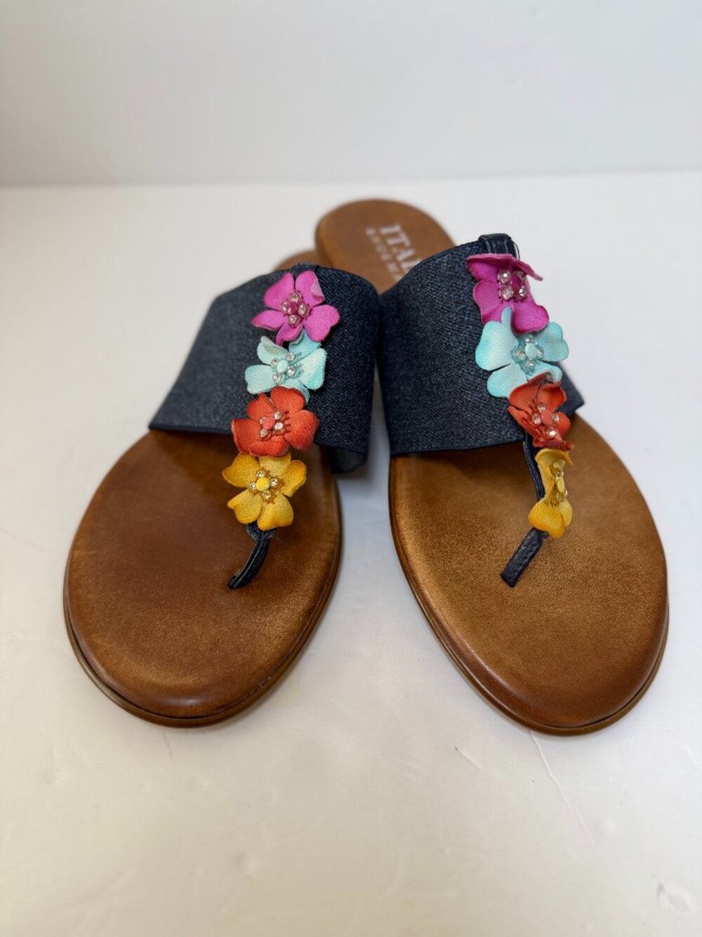 Italian Shoemakers Julliet Denim Floral Wedge Sandals Size 8